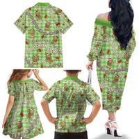 Green Palaka Hawaii Mele Kalikimaka Family Matching Off The Shoulder Long Sleeve Dress and Hawaiian Shirt Ohia Lehua Shell Leis Funny Gingerbread Santa - Polynesian Pride