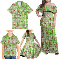 Green Palaka Hawaii Mele Kalikimaka Family Matching Off Shoulder Maxi Dress and Hawaiian Shirt Ohia Lehua Shell Leis Funny Gingerbread Santa - Polynesian Pride