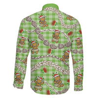 Green Palaka Hawaii Mele Kalikimaka Family Matching Off Shoulder Short Dress and Hawaiian Shirt Ohia Lehua Shell Leis Funny Gingerbread Santa - Polynesian Pride