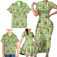 Green Palaka Hawaii Mele Kalikimaka Family Matching Short Sleeve Bodycon Dress and Hawaiian Shirt Ohia Lehua Shell Leis Funny Gingerbread Santa - Polynesian Pride