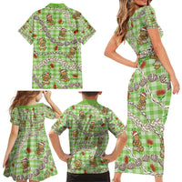 Green Palaka Hawaii Mele Kalikimaka Family Matching Short Sleeve Bodycon Dress and Hawaiian Shirt Ohia Lehua Shell Leis Funny Gingerbread Santa - Polynesian Pride