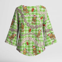 Green Palaka Hawaii Mele Kalikimaka Kimono Sleeve Blouse Ohia Lehua Shell Leis Funny Gingerbread Santa - Polynesian Pride