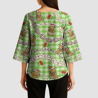 Green Palaka Hawaii Mele Kalikimaka Kimono Sleeve Blouse Ohia Lehua Shell Leis Funny Gingerbread Santa - Polynesian Pride