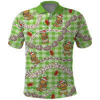 Green Palaka Hawaii Mele Kalikimaka Polo Shirt Ohia Lehua Shell Leis Funny Gingerbread Santa LT14 Green - Polynesian Pride