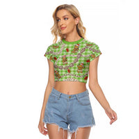 Green Palaka Hawaii Mele Kalikimaka Raglan Cropped T Shirt Ohia Lehua Shell Leis Funny Gingerbread Santa LT14 Female Green - Polynesian Pride