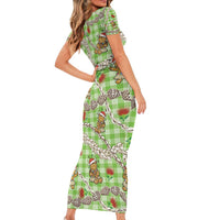 Green Palaka Hawaii Mele Kalikimaka Short Sleeve Bodycon Dress Ohia Lehua Shell Leis Funny Gingerbread Santa - Polynesian Pride