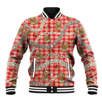 Red Palaka Hawaii Mele Kalikimaka Baseball Jacket Ohia Lehua Shell Leis Funny Gingerbread Santa - Polynesian Pride