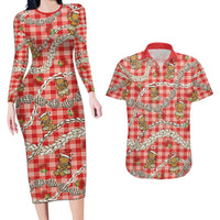 Red Palaka Hawaii Mele Kalikimaka Couples Matching Long Sleeve Bodycon Dress and Hawaiian Shirt Ohia Lehua Shell Leis Funny Gingerbread Santa - Polynesian Pride