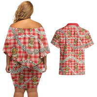 Red Palaka Hawaii Mele Kalikimaka Couples Matching Off Shoulder Short Dress and Hawaiian Shirt Ohia Lehua Shell Leis Funny Gingerbread Santa - Polynesian Pride