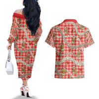 Red Palaka Hawaii Mele Kalikimaka Couples Matching Off The Shoulder Long Sleeve Dress and Hawaiian Shirt Ohia Lehua Shell Leis Funny Gingerbread Santa - Polynesian Pride