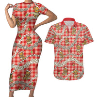 Red Palaka Hawaii Mele Kalikimaka Couples Matching Short Sleeve Bodycon Dress and Hawaiian Shirt Ohia Lehua Shell Leis Funny Gingerbread Santa - Polynesian Pride