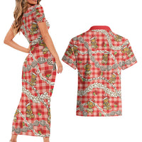 Red Palaka Hawaii Mele Kalikimaka Couples Matching Short Sleeve Bodycon Dress and Hawaiian Shirt Ohia Lehua Shell Leis Funny Gingerbread Santa - Polynesian Pride