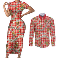 Red Palaka Hawaii Mele Kalikimaka Couples Matching Short Sleeve Bodycon Dress and Long Sleeve Button Shirt Ohia Lehua Shell Leis Funny Gingerbread Santa - Polynesian Pride