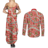 Red Palaka Hawaii Mele Kalikimaka Couples Matching Summer Maxi Dress and Long Sleeve Button Shirt Ohia Lehua Shell Leis Funny Gingerbread Santa - Polynesian Pride