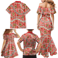 Red Palaka Hawaii Mele Kalikimaka Family Matching Mermaid Dress and Hawaiian Shirt Ohia Lehua Shell Leis Funny Gingerbread Santa - Polynesian Pride