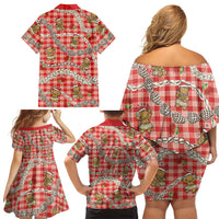 Red Palaka Hawaii Mele Kalikimaka Family Matching Off Shoulder Short Dress and Hawaiian Shirt Ohia Lehua Shell Leis Funny Gingerbread Santa - Polynesian Pride
