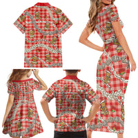 Red Palaka Hawaii Mele Kalikimaka Family Matching Short Sleeve Bodycon Dress and Hawaiian Shirt Ohia Lehua Shell Leis Funny Gingerbread Santa - Polynesian Pride
