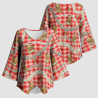 Red Palaka Hawaii Mele Kalikimaka Kimono Sleeve Blouse Ohia Lehua Shell Leis Funny Gingerbread Santa - Polynesian Pride