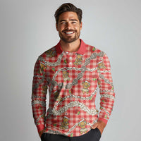Red Palaka Hawaii Mele Kalikimaka Long Sleeve Polo Shirt Ohia Lehua Shell Leis Funny Gingerbread Santa - Polynesian Pride
