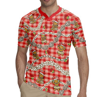 Red Palaka Hawaii Mele Kalikimaka Rugby Jersey Ohia Lehua Shell Leis Funny Gingerbread Santa - Polynesian Pride