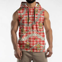Red Palaka Hawaii Mele Kalikimaka Sleeveless Hoodie Ohia Lehua Shell Leis Funny Gingerbread Santa LT14 - Polynesian Pride