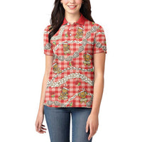 Red Palaka Hawaii Mele Kalikimaka Women Polo Shirt Ohia Lehua Shell Leis Funny Gingerbread Santa LT14 - Polynesian Pride