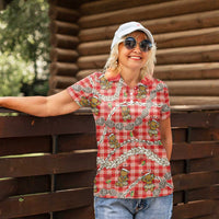 Red Palaka Hawaii Mele Kalikimaka Women Polo Shirt Ohia Lehua Shell Leis Funny Gingerbread Santa LT14 - Polynesian Pride