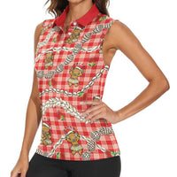 Red Palaka Hawaii Mele Kalikimaka Women Sleeveless Polo Shirt Ohia Lehua Shell Leis Funny Gingerbread Santa - Polynesian Pride