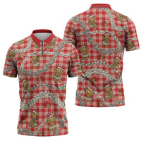 Red Palaka Hawaii Mele Kalikimaka Zipper Polo Shirt Ohia Lehua Shell Leis Funny Gingerbread Santa - Polynesian Pride