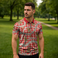 Red Palaka Hawaii Mele Kalikimaka Zipper Polo Shirt Ohia Lehua Shell Leis Funny Gingerbread Santa LT14 - Polynesian Pride