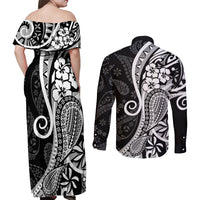 Black Polynesia Paisley Couples Matching Off Shoulder Maxi Dress and Long Sleeve Button Shirt Polynesian With Tropical Flowers LT14 - Polynesian Pride