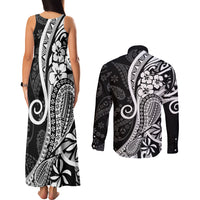 Black Polynesia Paisley Couples Matching Tank Maxi Dress and Long Sleeve Button Shirt Polynesian With Tropical Flowers LT14 - Polynesian Pride
