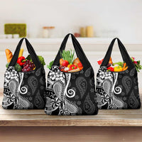 Black Polynesia Paisley Grocery Bag Polynesian With Tropical Flowers