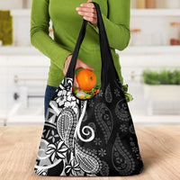 Black Polynesia Paisley Grocery Bag Polynesian With Tropical Flowers