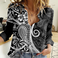 Black Polynesia Paisley Women Casual Shirt Polynesian With Tropical Flowers LT14 Female Black - Polynesian Pride
