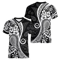 Black Polynesia Paisley Women V Neck T Shirt Polynesian With Tropical Flowers LT14 - Polynesian Pride