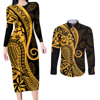Gold Polynesia Paisley Couples Matching Long Sleeve Bodycon Dress and Long Sleeve Button Shirt Polynesian With Tropical Flowers LT14 Gold - Polynesian Pride