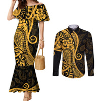 Gold Polynesia Paisley Couples Matching Mermaid Dress and Long Sleeve Button Shirt Polynesian With Tropical Flowers LT14 Gold - Polynesian Pride