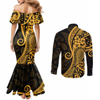 Gold Polynesia Paisley Couples Matching Mermaid Dress and Long Sleeve Button Shirt Polynesian With Tropical Flowers LT14 - Polynesian Pride