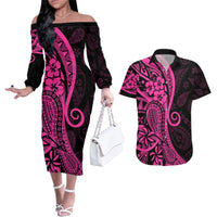Pink Polynesia Paisley Couples Matching Off The Shoulder Long Sleeve Dress and Hawaiian Shirt Polynesian With Tropical Flowers LT14 Pink - Polynesian Pride