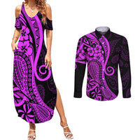 Polynesia Paisley Couples Matching Summer Maxi Dress and Long Sleeve Button Shirt Polynesian With Tropical Flowers - Purple LT14 Purple - Polynesian Pride
