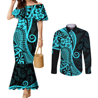 Polynesia Paisley Couples Matching Mermaid Dress and Long Sleeve Button Shirt Polynesian With Tropical Flowers - Turquoise LT14 Turquoise - Polynesian Pride