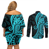 Polynesia Paisley Couples Matching Off Shoulder Short Dress and Long Sleeve Button Shirt Polynesian With Tropical Flowers - Turquoise LT14 - Polynesian Pride