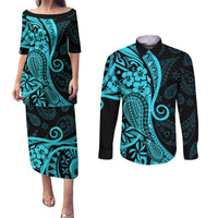 Polynesia Paisley Couples Matching Puletasi Dress and Long Sleeve Button Shirt Polynesian With Tropical Flowers - Turquoise LT14 Turquoise - Polynesian Pride
