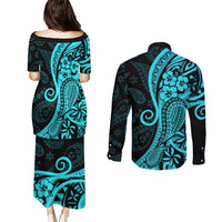 Polynesia Paisley Couples Matching Puletasi Dress and Long Sleeve Button Shirt Polynesian With Tropical Flowers - Turquoise LT14 - Polynesian Pride