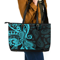 Polynesia Paisley Leather Tote Bag Polynesian With Tropical Flowers - Turquoise LT14 - Polynesian Pride