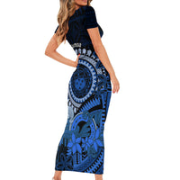 Talofa Samoa Family Matching Short Sleeve Bodycon Dress and Hawaiian Shirt Samoan Kava Bowl Siapo Pattern - Blue LT14 - Polynesian Pride