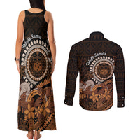 Talofa Samoa Couples Matching Tank Maxi Dress and Long Sleeve Button Shirt Samoan Kava Bowl Siapo Pattern - Brown LT14 - Polynesian Pride