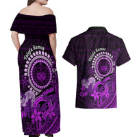 Purple Talofa Samoa Couples Matching Off Shoulder Maxi Dress and Hawaiian Shirt Samoan Kava Bowl Siapo Pattern LT14 - Polynesian Pride