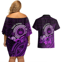 Purple Talofa Samoa Couples Matching Off Shoulder Short Dress and Hawaiian Shirt Samoan Kava Bowl Siapo Pattern LT14 - Polynesian Pride